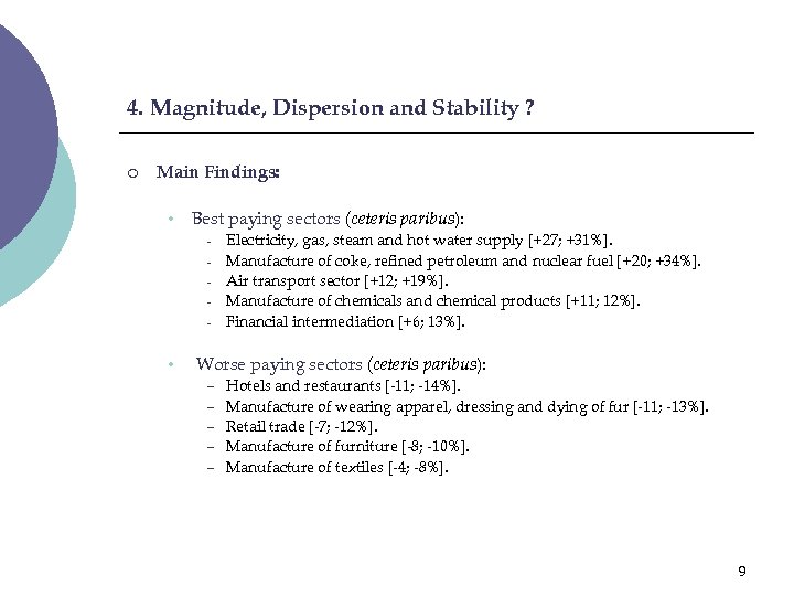 4. Magnitude, Dispersion and Stability ? ¡ Main Findings: • Best paying sectors (ceteris