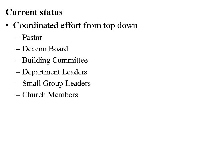 Current status • Coordinated effort from top down – Pastor – Deacon Board –