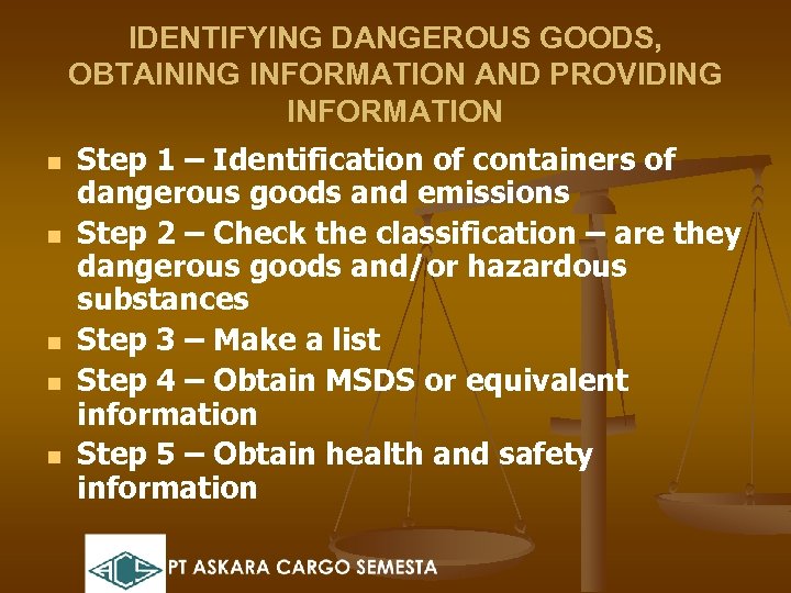 IDENTIFYING DANGEROUS GOODS, OBTAINING INFORMATION AND PROVIDING INFORMATION n n n Step 1 –