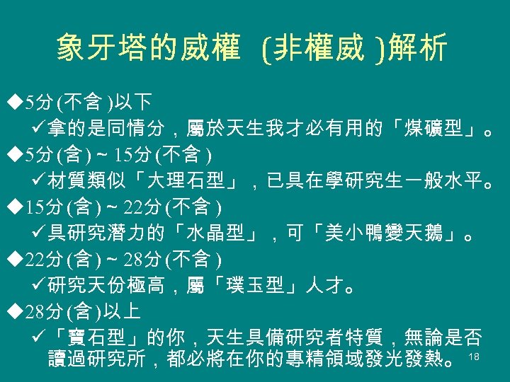 象牙塔的威權 (非權威 )解析 u 5分 (不含 )以下 ü拿的是同情分，屬於天生我才必有用的「煤礦型」。 u 5分 (含 )～ 15分 (不含