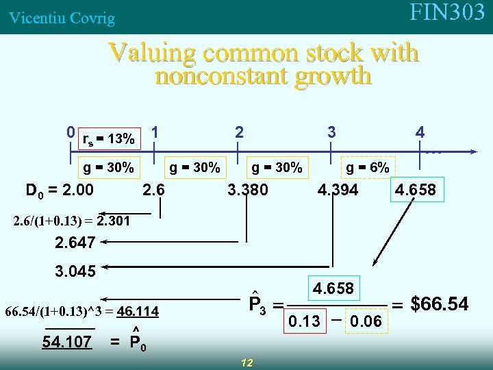 FIN 303 Vicentiu Covrig Valuing common stock with nonconstant growth 0 r = 13%