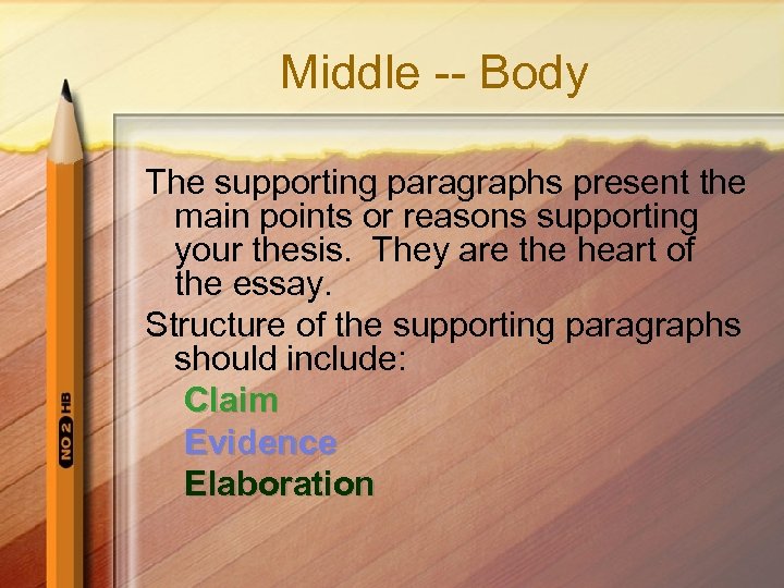 Middle -- Body The supporting paragraphs present the main points or reasons supporting your