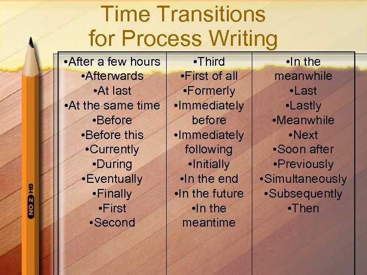 Time Transitions for Process Writing • After a few hours • Afterwards • At