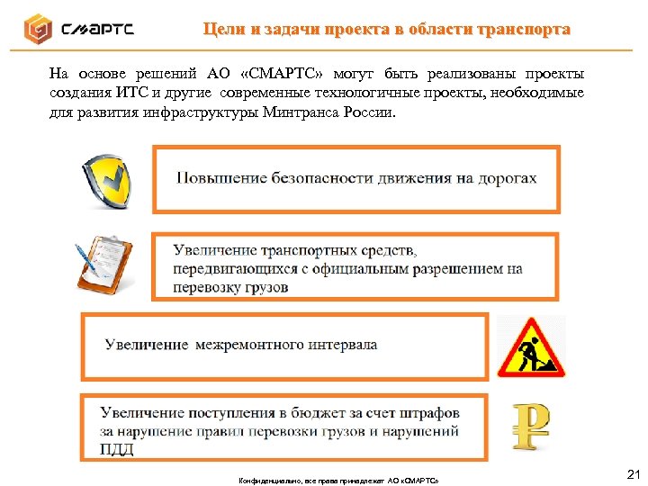 Цели и задачи проекта в области транспорта На основе решений АО «СМАРТС» могут быть