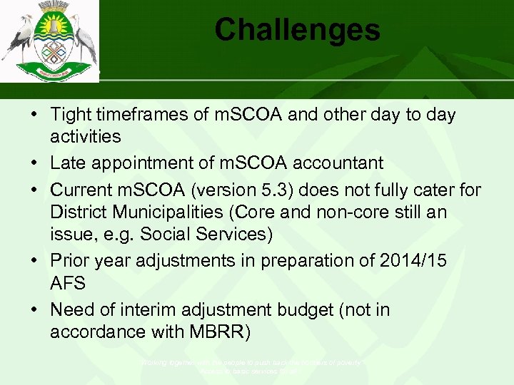 Challenges • Tight timeframes of m. SCOA and other day to day activities •