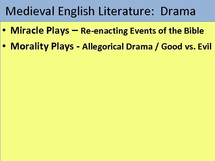  Medieval English Literature: Drama • Miracle Plays – Re-enacting Events of the Bible