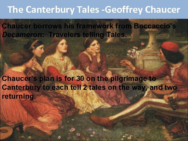 The Canterbury Tales -Geoffrey Chaucer borrows his framework from Boccaccio's Decameron: Travelers telling Tales.