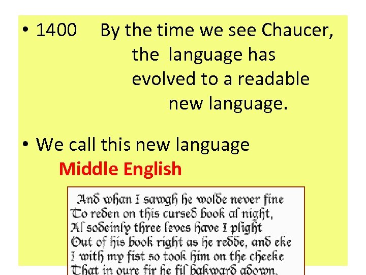  • 1400 By the time we see Chaucer, the language has evolved to