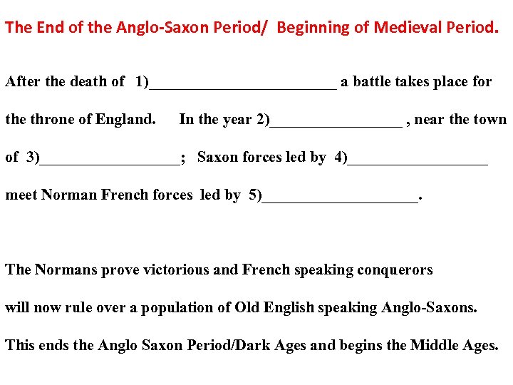 The End of the Anglo-Saxon Period/ Beginning of Medieval Period. After the death of