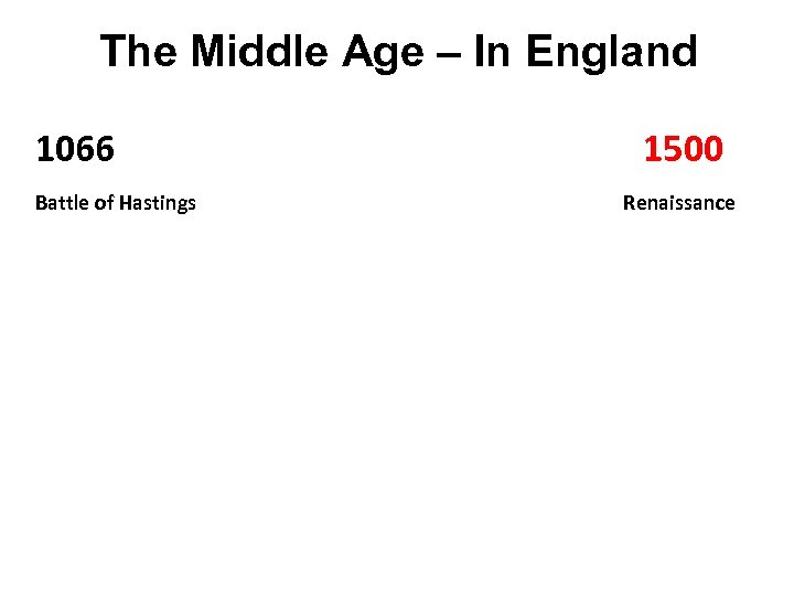 The Middle Age – In England 1066 Battle of Hastings 1500 Renaissance 