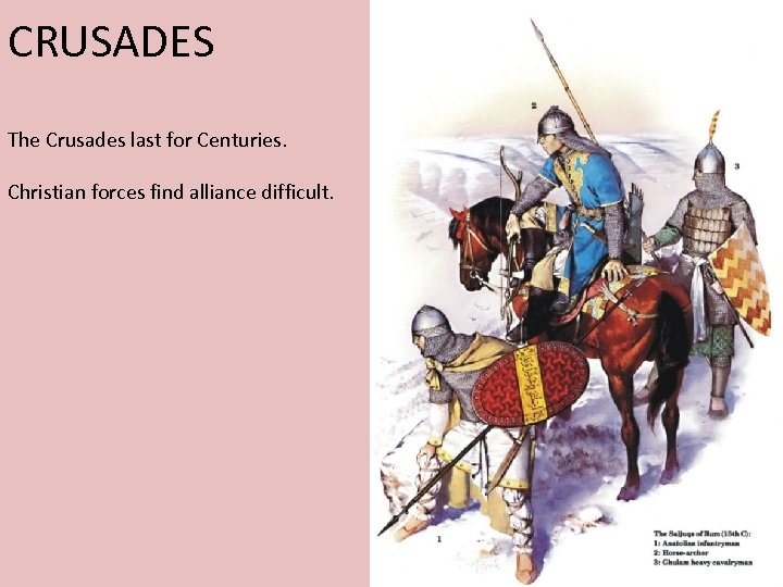 CRUSADES The Crusades last for Centuries. Christian forces find alliance difficult. 