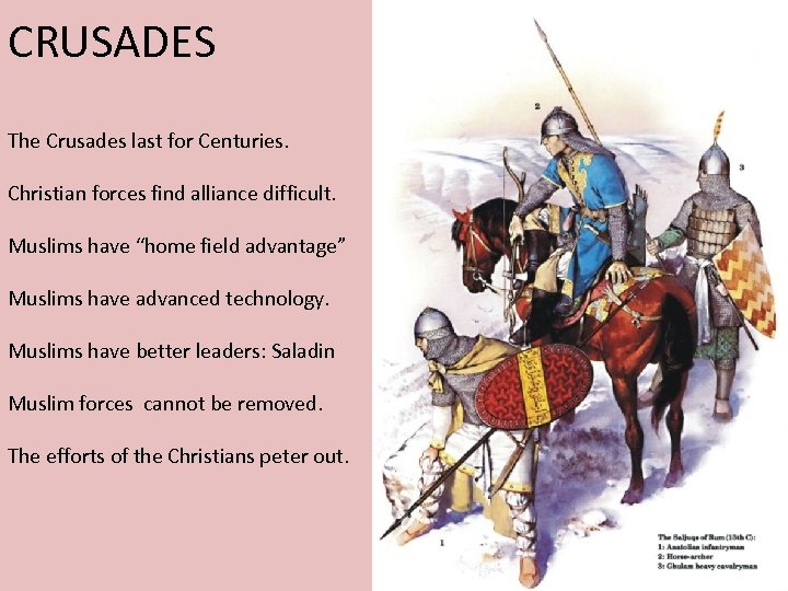 CRUSADES The Crusades last for Centuries. Christian forces find alliance difficult. Muslims have “home