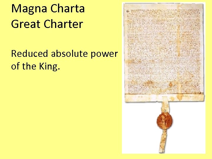 Magna Charta Great Charter Reduced absolute power of the King. 
