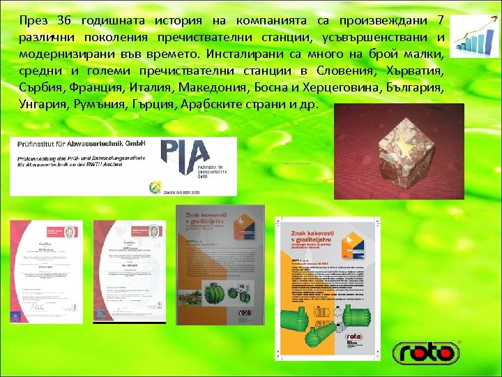 През 36 годишната история на компанията са произвеждани 7 различни поколения пречиствателни станции, усъвършенствани