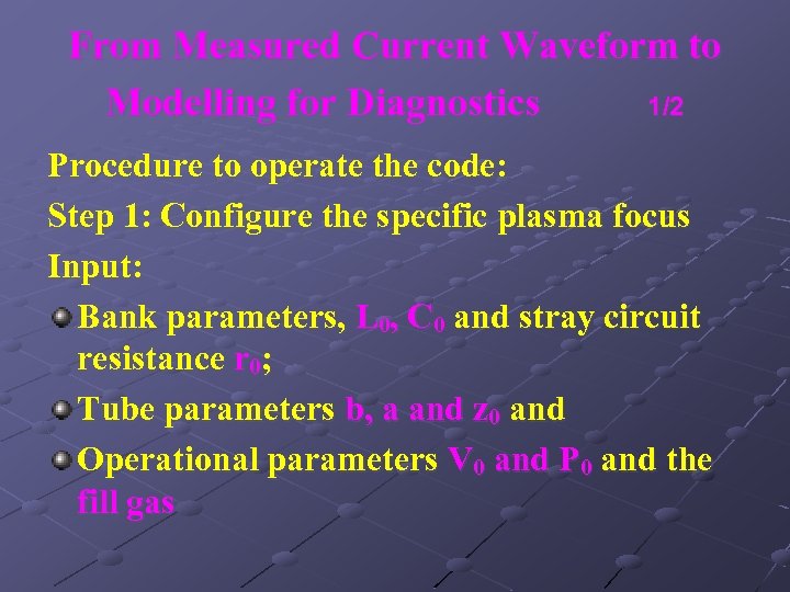 From Measured Current Waveform to Modelling for Diagnostics 1/2 Procedure to operate the code: