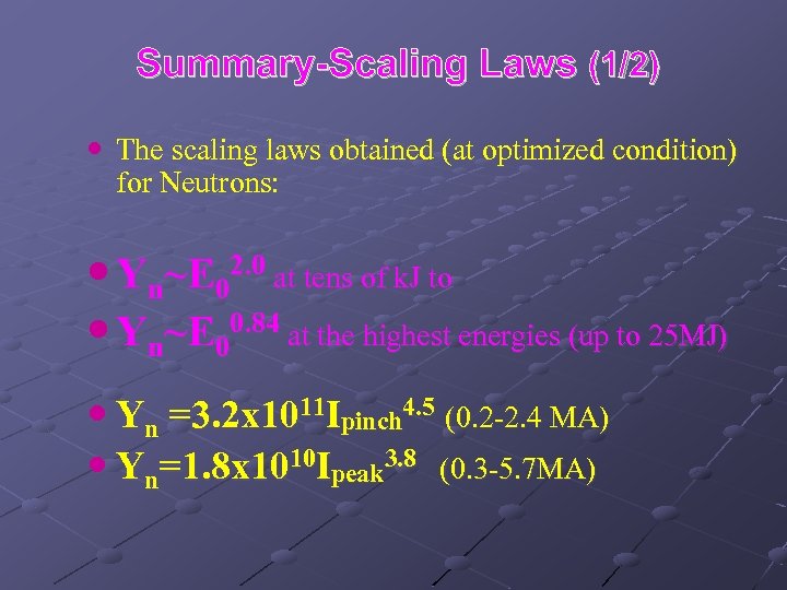 Summary-Scaling Laws (1/2) The scaling laws obtained (at optimized condition) for Neutrons: Yn~E 02.