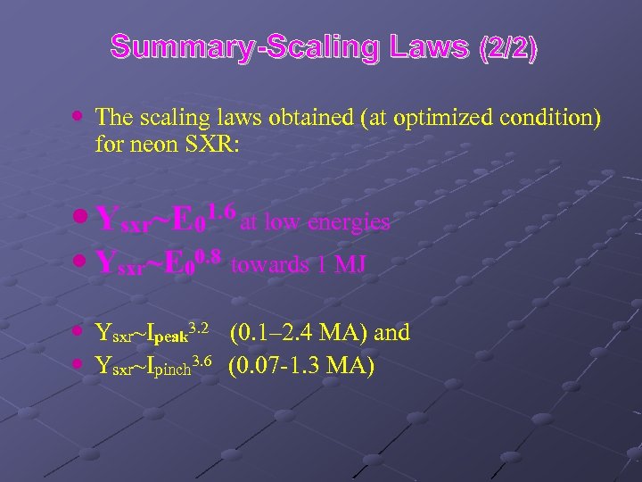 Summary-Scaling Laws (2/2) The scaling laws obtained (at optimized condition) for neon SXR: Ysxr~E