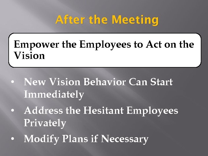 After the Meeting Empower the Employees to Act on the Vision • New Vision