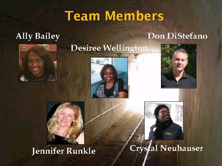 Team Members Ally Bailey Don Di. Stefano Desiree Wellington Jennifer Runkle Crystal Neuhauser 