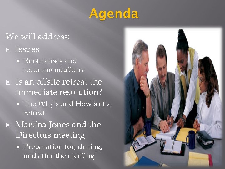 Agenda We will address: Issues Is an offsite retreat the immediate resolution? Root causes