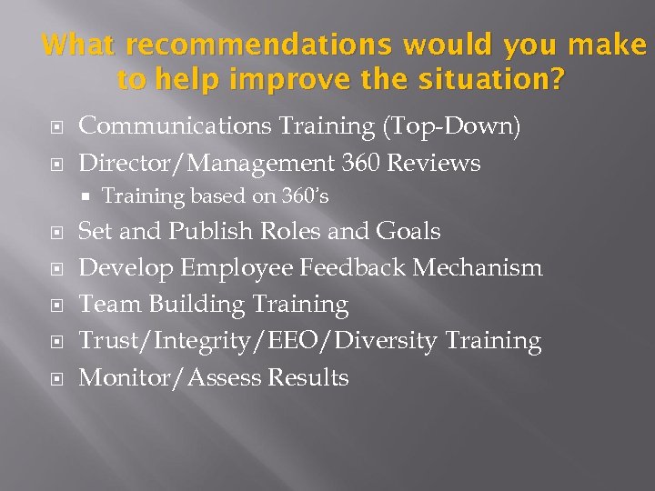 What recommendations would you make to help improve the situation? Communications Training (Top-Down) Director/Management