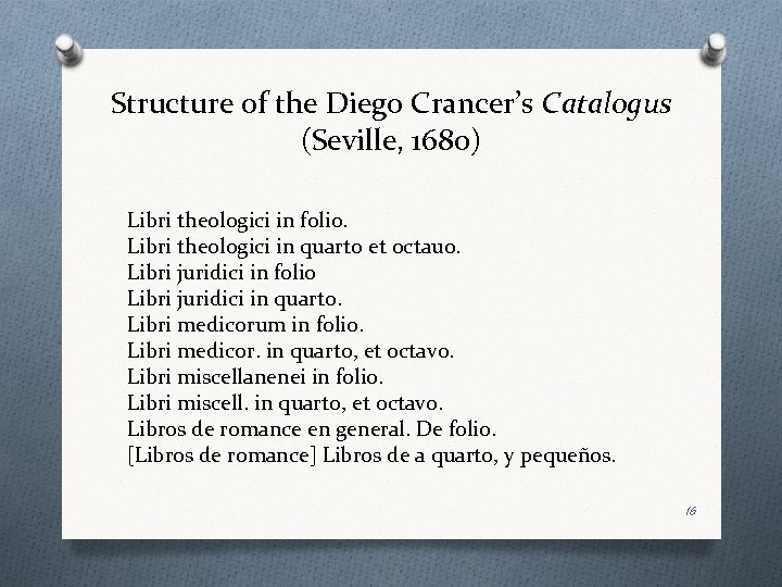 Structure of the Diego Crancer’s Catalogus (Seville, 1680) Libri theologici in folio. Libri theologici