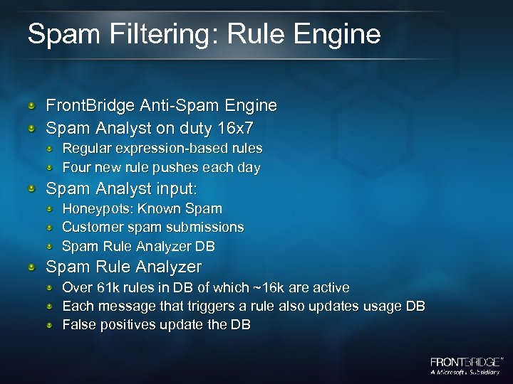 Spam Filtering: Rule Engine Front. Bridge Anti-Spam Engine Spam Analyst on duty 16 x