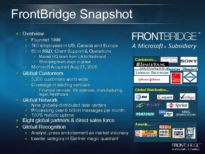 Front. Bridge Snapshot Overview Founded 1999 160 employees in US, Canada and Europe 80