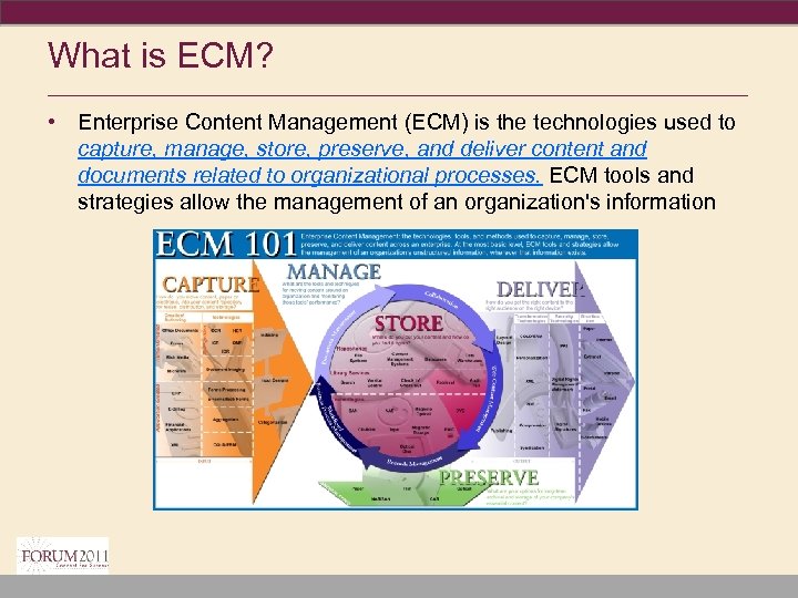 What is ECM? ____________________________________ • Enterprise Content Management (ECM) is the technologies used to
