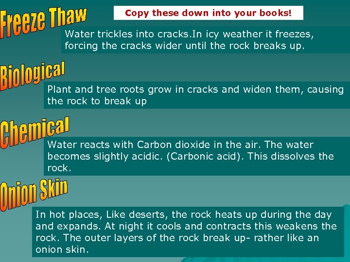 Copy these down into your books! Water trickles into cracks. In icy weather it