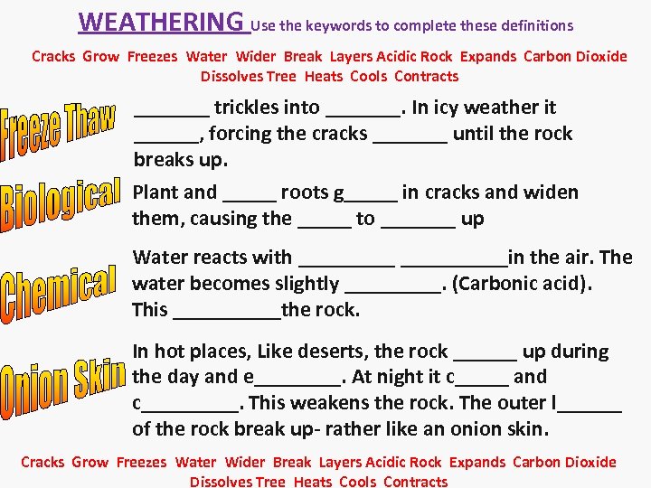 WEATHERING Use the keywords to complete these definitions Cracks Grow Freezes Water Wider Break