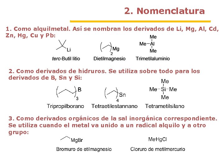 2. Nomenclatura 1. Como alquilmetal. Así se nombran los derivados de Li, Mg, Al,