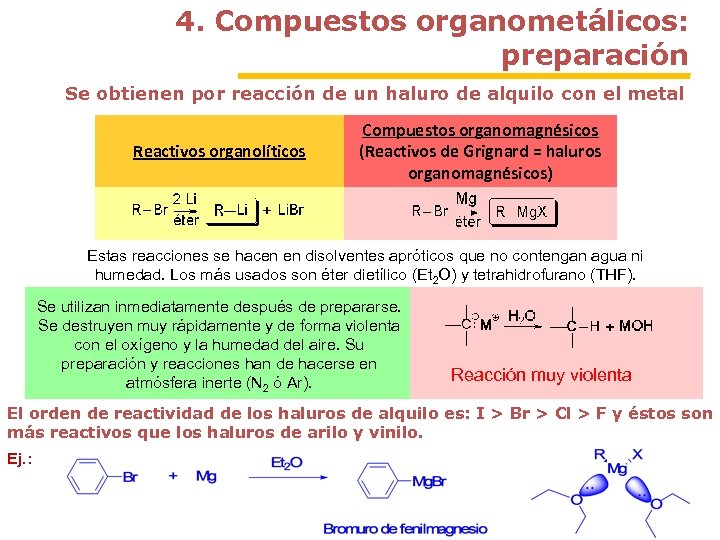 4. Compuestos organometálicos: preparación Se obtienen por reacción de un haluro de alquilo con
