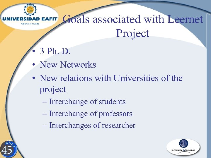 Goals associated with Leernet Project • 3 Ph. D. • New Networks • New