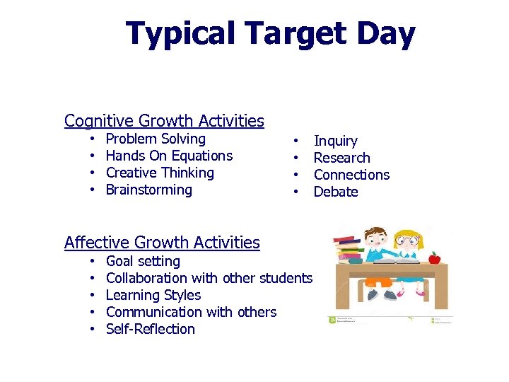 Typical Target Day Cognitive Growth Activities • • Problem Solving Hands On Equations Creative