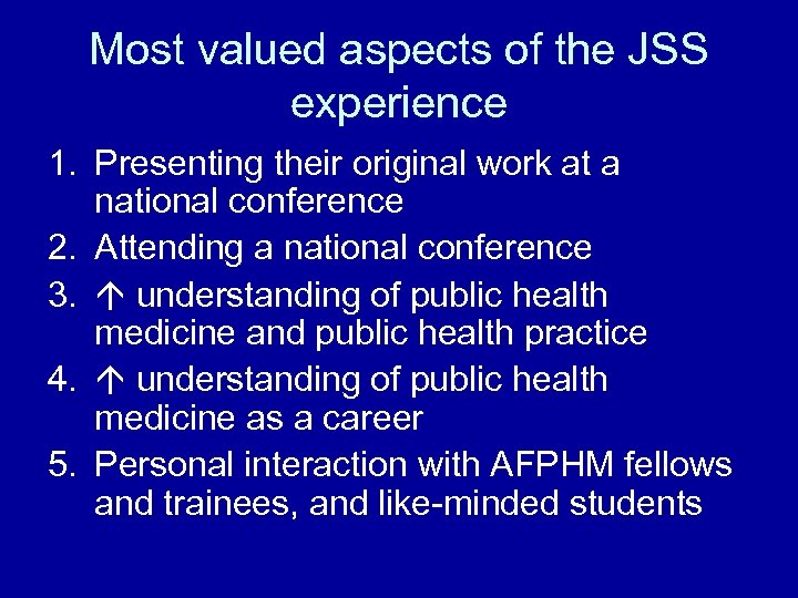 Most valued aspects of the JSS experience 1. Presenting their original work at a