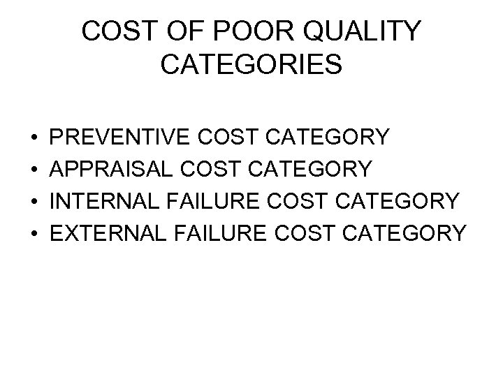 COST OF POOR QUALITY CATEGORIES • • PREVENTIVE COST CATEGORY APPRAISAL COST CATEGORY INTERNAL