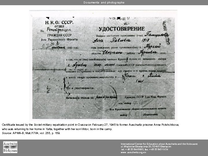 Documents and photographs Certificate issued by the Soviet military repatriation point in Cracow on