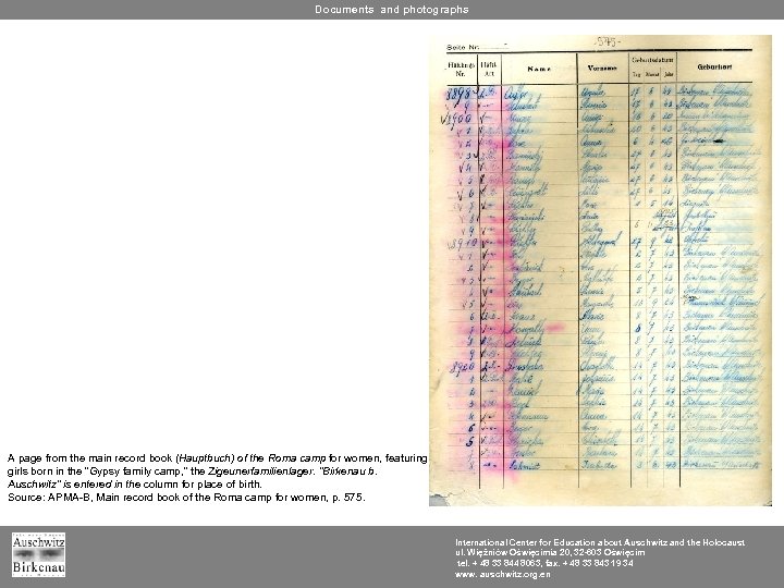 Documents and photographs A page from the main record book (Hauptbuch) of the Roma