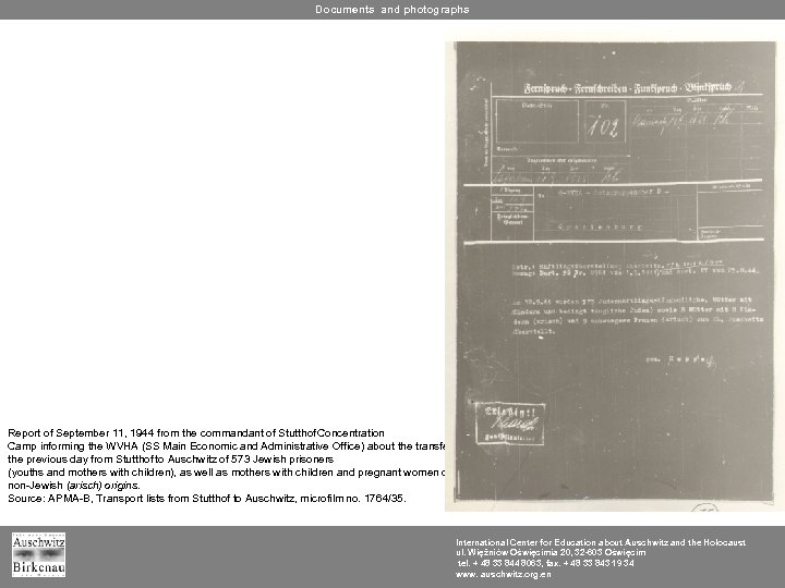 Documents and photographs Report of September 11, 1944 from the commandant of Stutthof Concentration