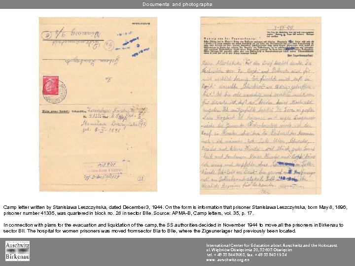 Documents and photographs Camp letter written by Stanisława Leszczyńska, dated December 3, 1944. On