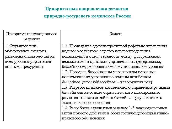 Приоритетные направления развития природно-ресурсного комплекса России Приоритет инновационного развития 1. Формирование эффективной системы разделения