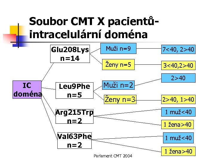 Soubor CMT X pacientůintracelulární doména Glu 208 Lys n=14 IC doména Leu 9 Phe