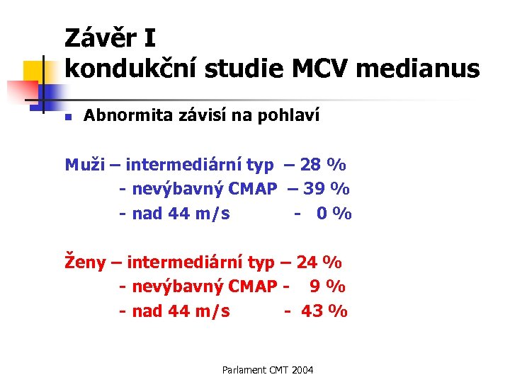 Závěr I kondukční studie MCV medianus n Abnormita závisí na pohlaví Muži – intermediární
