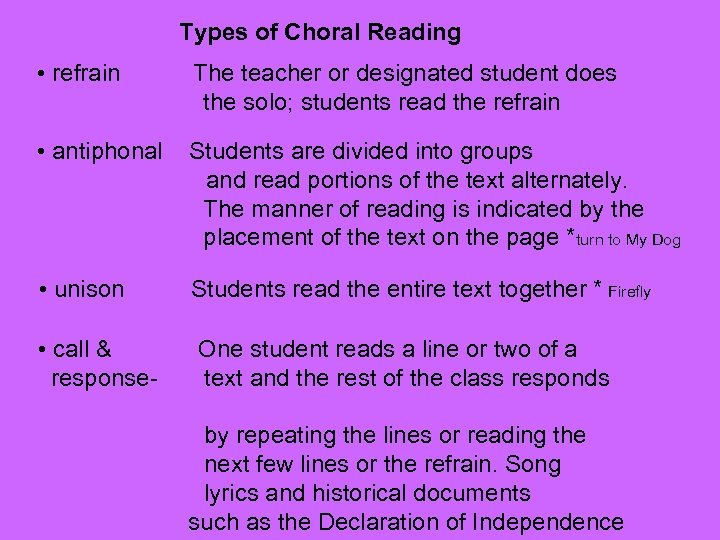 Types of Choral Reading • refrain The teacher or designated student does the solo;
