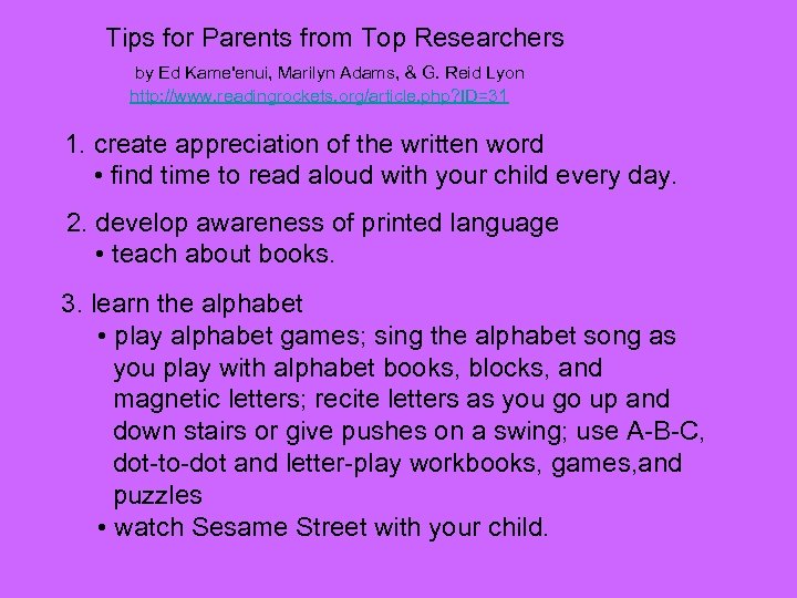 Tips for Parents from Top Researchers by Ed Kame'enui, Marilyn Adams, & G. Reid