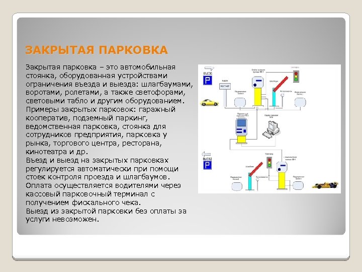 ЗАКРЫТАЯ ПАРКОВКА Закрытая парковка – это автомобильная стоянка, оборудованная устройствами ограничения въезда и выезда: