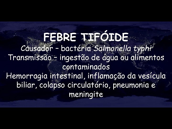 FEBRE TIFÓIDE Causador – bactéria Salmonella typhi Transmissão – ingestão de água ou alimentos