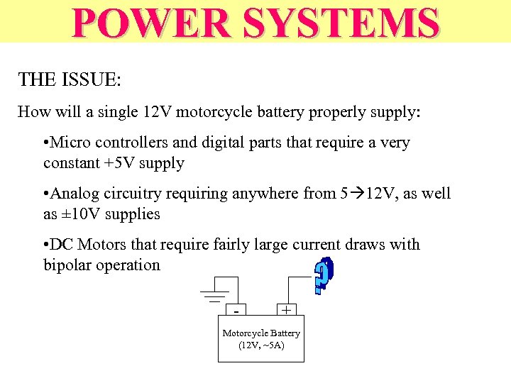 POWER SYSTEMS THE ISSUE: How will a single 12 V motorcycle battery properly supply: