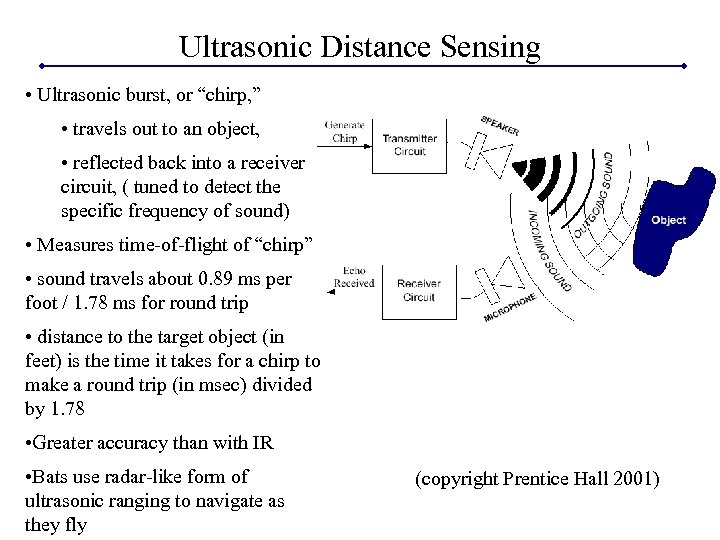 Ultrasonic Distance Sensing • Ultrasonic burst, or “chirp, ” • travels out to an